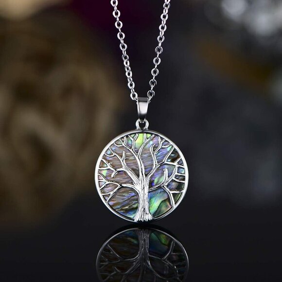 18K White Gold Plated Created Abalone Shell Tree Of Life Necklace, 18 Inches wit - Picture 3 of 4